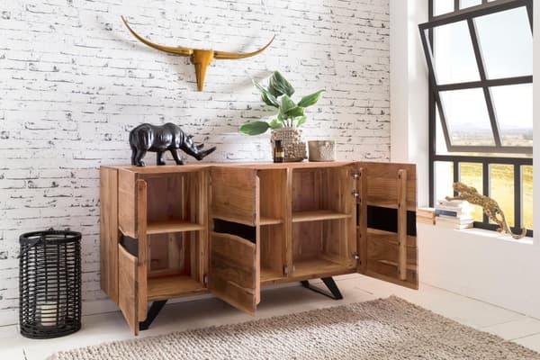 Rootz skänk 148 x 85 x 43 cm massivt trä akacia skänk i naturlig trädkant - Highboard i lantlig stil med 3 dörrar - Korridorskåp