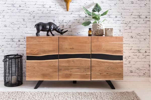Rootz skänk 148 x 85 x 43 cm massivt trä akacia skänk i naturlig trädkant - Highboard i lantlig stil med 3 dörrar - Korridorskåp