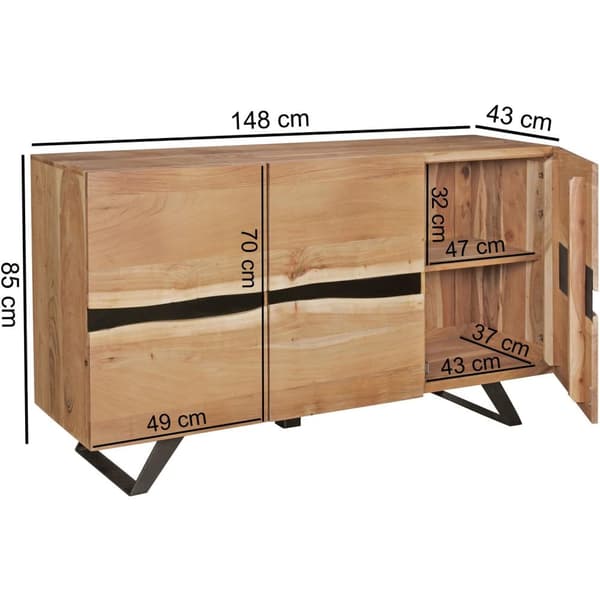 Rootz skänk 148 x 85 x 43 cm massivt trä akacia skänk i naturlig trädkant - Highboard i lantlig stil med 3 dörrar - Korridorskåp
