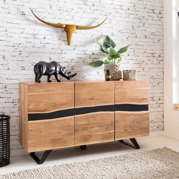 Rootz skänk 148 x 85 x 43 cm massivt trä akacia skänk i naturlig trädkant - Highboard i lantlig stil med 3 dörrar - Korridorskåp