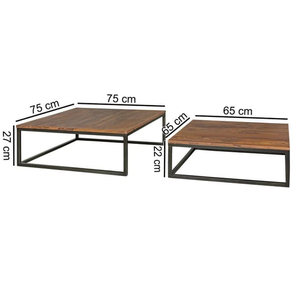 Rootz 2-teilig massivt trä 75 x 75 x 27 cm - Design vardagsrumsbord Sheesham wood - Vardagsrum Loungebord Palisander massiv med metallben