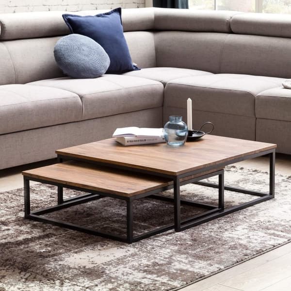 Rootz 2-teilig massivt trä 75 x 75 x 27 cm - Design vardagsrumsbord Sheesham wood - Vardagsrum Loungebord Palisander massiv med metallben