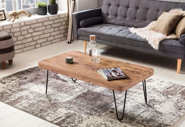 Rootz sofabord massivt træ akacie 115 cm bredt stuebord design metalben sidebord i landlig stil