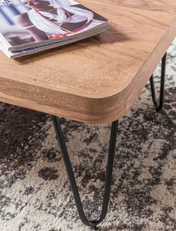 Rootz sofabord massivt træ akacie 115 cm bredt stuebord design metalben sidebord i landlig stil