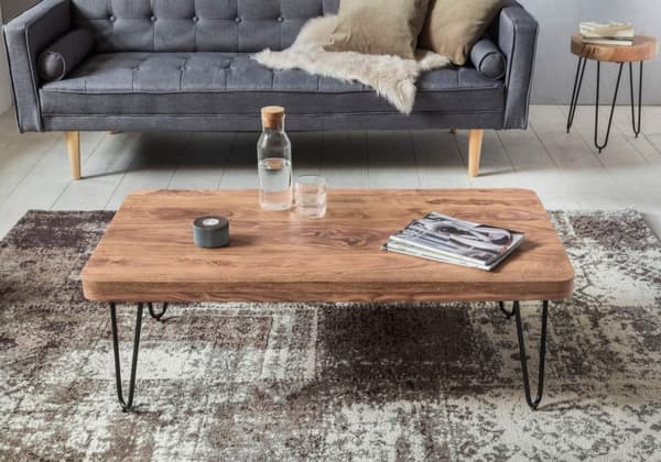 Rootz sofabord massivt træ akacie 115 cm bredt stuebord design metalben sidebord i landlig stil