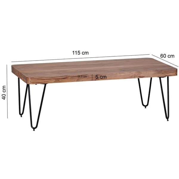 Rootz sofabord massivt træ akacie 115 cm bredt stuebord design metalben sidebord i landlig stil