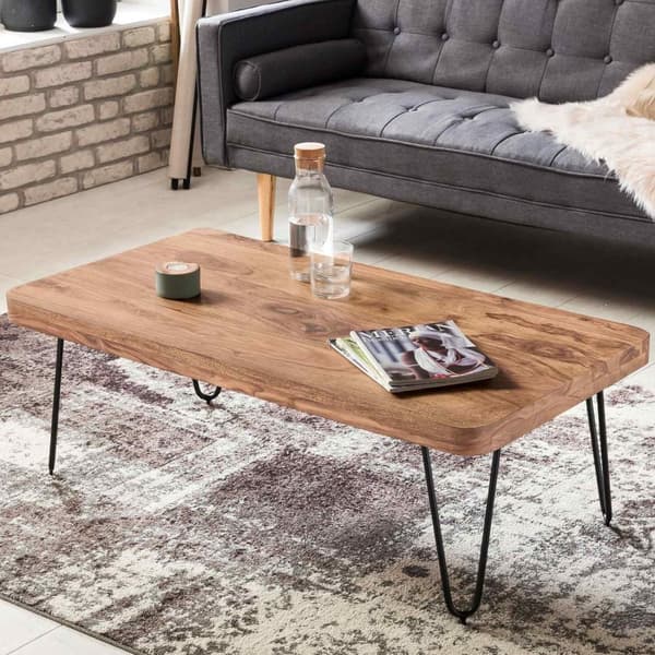 Rootz sofabord massivt træ akacie 115 cm bredt stuebord design metalben sidebord i landlig stil