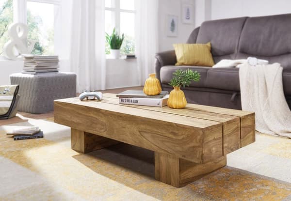 Rootz sohvapöytä massiivipuuta akaasia 120cm leveä design olohuoneen tummanruskea maalaistyylinen pöytä