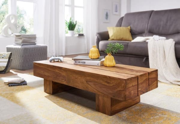 Rootz soffbord massivt trä Sheesham 120 cm brett design vardagsrumsbord mörkbrunt bord i lantlig stil