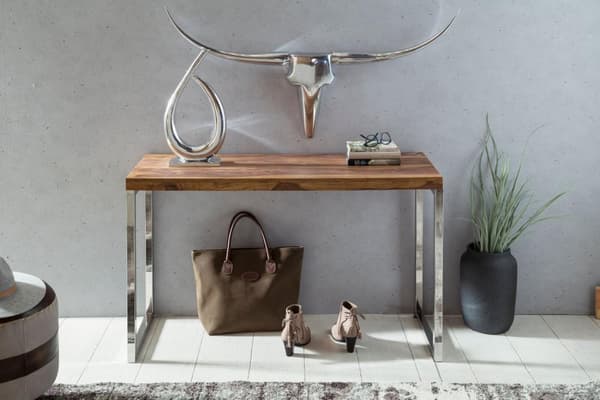 Rootz konsolipöytä massiivipuuta sheesham-konsoli metallijaloilla työpöytä 120x45 cm maalaistyylinen senkki moderni massiivi aitoa puuta luonnollinen