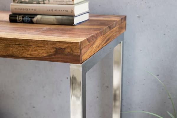 Rootz konsolipöytä massiivipuuta sheesham-konsoli metallijaloilla työpöytä 120x45 cm maalaistyylinen senkki moderni massiivi aitoa puuta luonnollinen