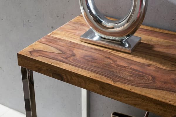 Rootz konsolipöytä massiivipuuta sheesham-konsoli metallijaloilla työpöytä 120x45 cm maalaistyylinen senkki moderni massiivi aitoa puuta luonnollinen