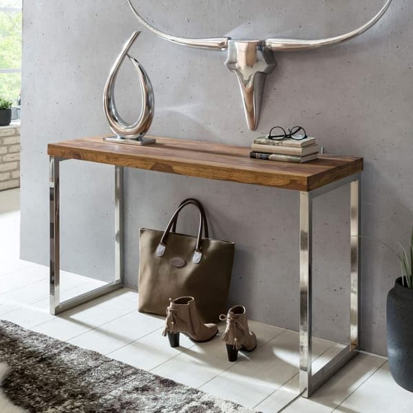 Rootz konsolipöytä massiivipuuta sheesham-konsoli metallijaloilla työpöytä 120x45 cm maalaistyylinen senkki moderni massiivi aitoa puuta luonnollinen