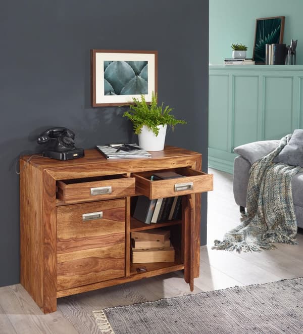 Rootz skänk massivt trä Sheesham byrå 90 cm 2 lådor 2 dörrar Design highboard lantlig brun natur