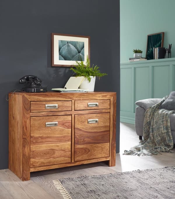 Rootz skänk massivt trä Sheesham byrå 90 cm 2 lådor 2 dörrar Design highboard lantlig brun natur