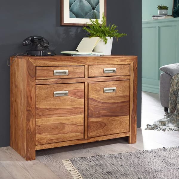 Rootz skänk massivt trä Sheesham byrå 90 cm 2 lådor 2 dörrar Design highboard lantlig brun natur