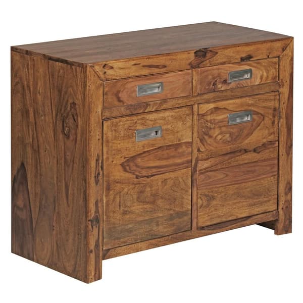 Rootz skänk massivt trä Sheesham byrå 90 cm 2 lådor 2 dörrar Design highboard lantlig brun natur