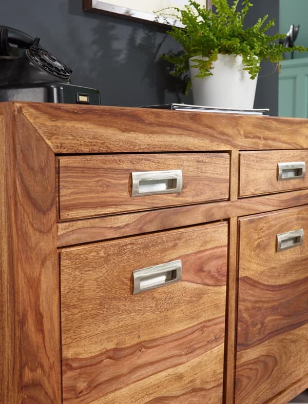 Rootz skänk massivt trä Sheesham byrå 90 cm 2 lådor 2 dörrar Design highboard lantlig brun natur