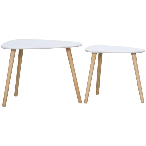 Rootz Sidebord - Sengebord - Sæt med 2 sidebord - Trekantet Rede af borde - Endebord med massive træben - Hvid - 59,5 cm x 39,5 cm x 45 cm