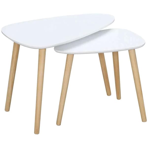 Rootz Sidebord - Sengebord - Sæt med 2 sidebord - Trekantet Rede af borde - Endebord med massive træben - Hvid - 59,5 cm x 39,5 cm x 45 cm