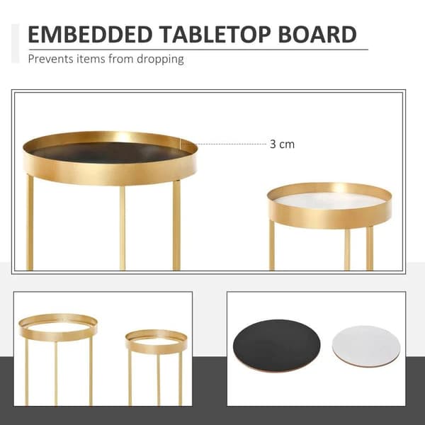 Rootz sidobord - Set med 2 häckande soffbord med guldmetallbotten - Runt sidobord med inbäddad bordsskiva - Vardagsrum - Sovrum - Guld - 39 cm x 39 cm