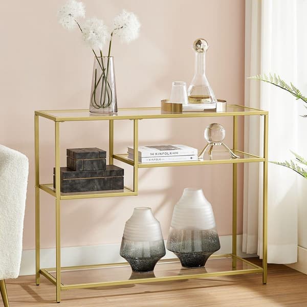 Rootz-konsolipöytä - Moderni lasikonsolipöytä - Metallirunkoinen konsolipöytä - Teollinen tyyli - Kulta - 35 x 100 x 80 cm (S x L x K)