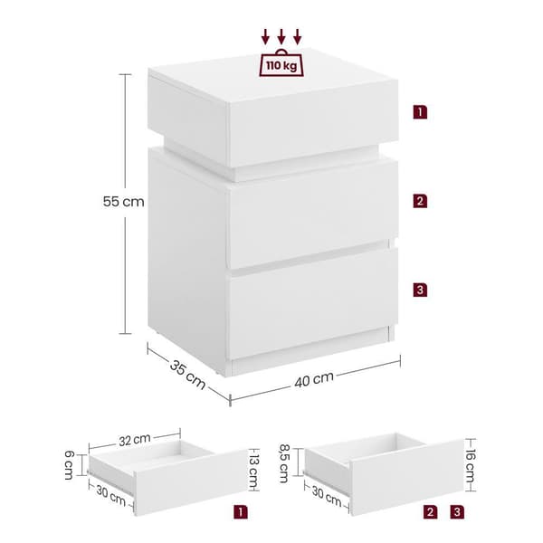 Rootz Sängbord - Sidobord - Med LED-belysning - LED-belysning Sängbord - Vit - 33,5 x 40 x 55 cm