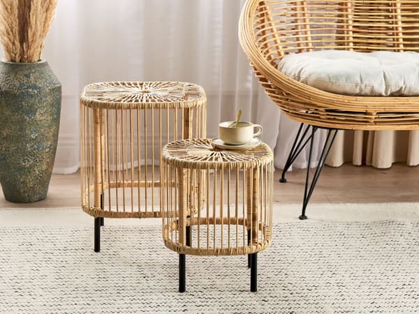 Sæt med 2 sofabord i rattan Naturligt rattan Pulverlakeret UV-vejr Pletbestandigt Håndlavet Indendørs Udendørs Stue Terrasse Patio Boho-stil