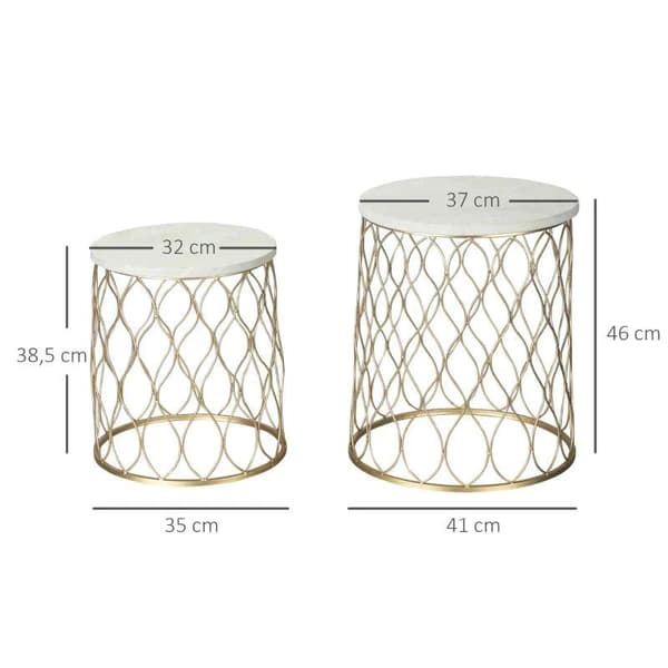 Rootz Uteplatsbord - Trädgårdsbord - Sidobord - Soffbord - Marmor & Guldeffekt - Stål - Guld/Vit - 41 x 46cm & 35 x 38,5cm