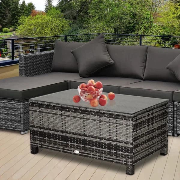 Rootz Have Sidebord - PE Rattan Have Sofabord - Med glasbordplade - Grå - 85cm x 50cm x 39cm