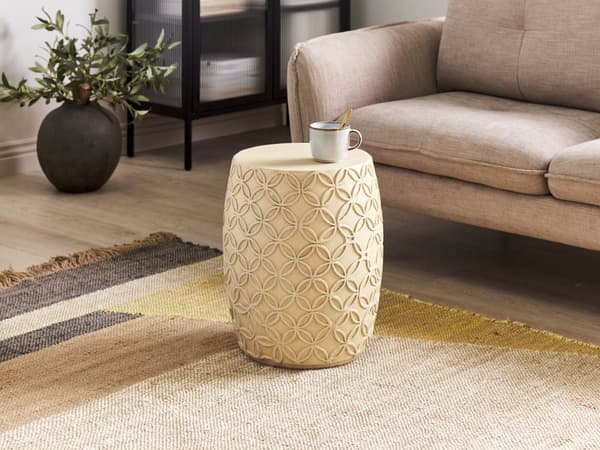 Sivupöytä vaalea beige MgO lasikuitu pyöreä UV-säteilyn veden ruosteen tahrojen kestävä boho moderni tyyli