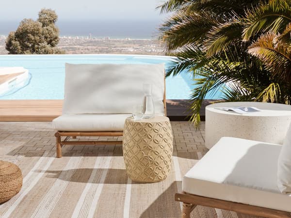 Accent Sidebord Lys Beige MgO Glasfiber Rund Top Tromme Form UV Plet Rust Vand Vindbestandig Boho Moderne Udendørs Stue