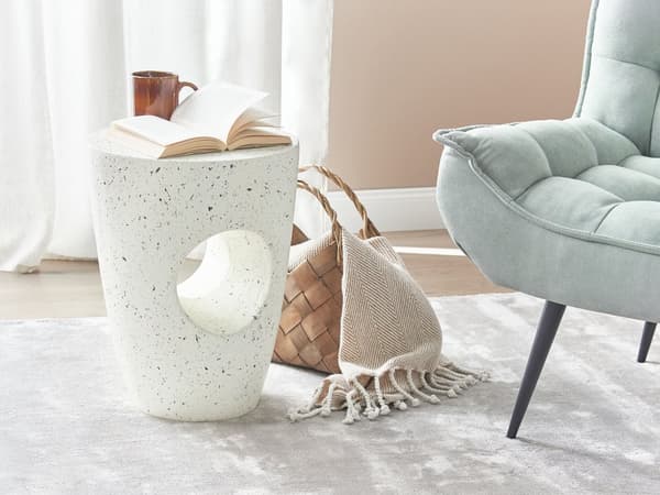 Accent Sidebord Hvid med Terrazzo Effekt MgO Glasfiber Rund Top UV Plet Rust Vand Vindbestandig Moderne Udendørs Stue
