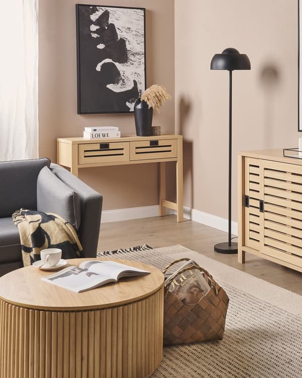Konsolbord Ljust Trä Konstruerat Trä 2 Lådor Svarta Handtag Vardagsrum Hall Möbler Boho Modern Design