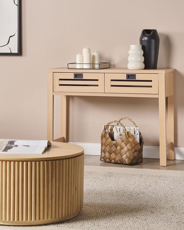 Konsolbord Ljust Trä Konstruerat Trä 2 Lådor Svarta Handtag Vardagsrum Hall Möbler Boho Modern Design