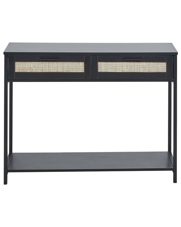 Konsolbord Svart Tillverkat trä Svart Rubberwood ben 2 lådor Rotting Korg fronter Vardagsrum Sovrum Hall Möbler Boho Design