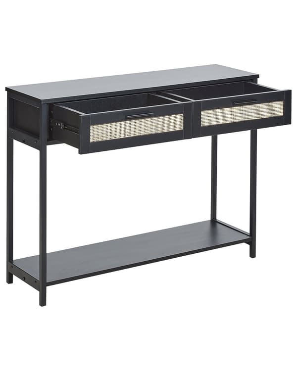 Konsolbord Svart Tillverkat trä Svart Rubberwood ben 2 lådor Rotting Korg fronter Vardagsrum Sovrum Hall Möbler Boho Design