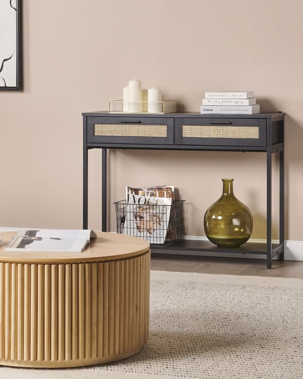 Konsolbord Svart Tillverkat trä Svart Rubberwood ben 2 lådor Rotting Korg fronter Vardagsrum Sovrum Hall Möbler Boho Design