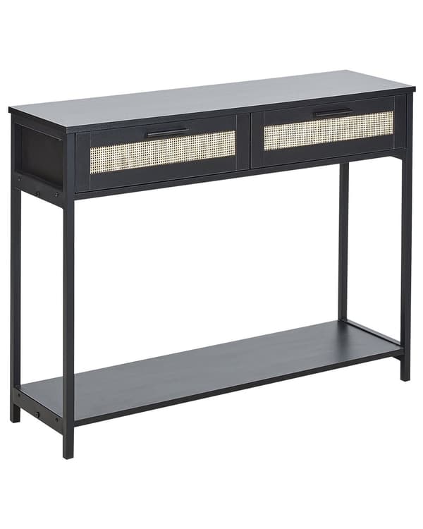 Konsolbord Svart Tillverkat trä Svart Rubberwood ben 2 lådor Rotting Korg fronter Vardagsrum Sovrum Hall Möbler Boho Design