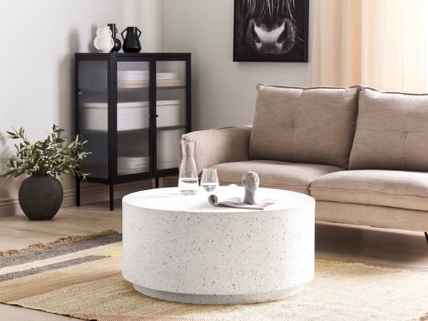 Accent Soffbord Vit med Terrazzoeffekt MgO Glasfiber Rund Form UV Fläck Rost Vatten Väderresistent Modern Utomhus Vardagsrum