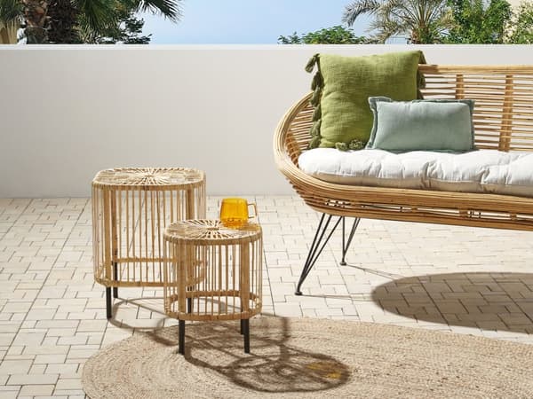 Sett med 2 sofabord Rotting Pulverlakkert UV-bestandig Flekkbestandig Håndlaget Bohemsk stil Hagemøbler Terrasse Balkong Innendørs Utendørs