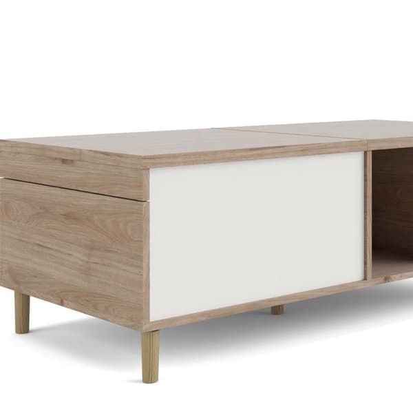 Penny sofabord med uttrekkstopplate og 2 rom Hickory dekor og matt hvit.