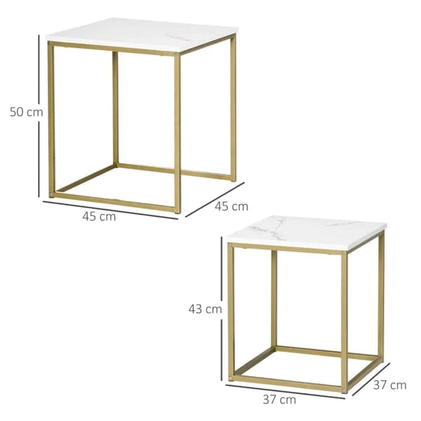 Rootz 2 sideborde - stabelbare sideborde - bordplade i marmorlook - Lille sofabord - træmateriale - guld + hvid - 45L x 45W x 50H cm