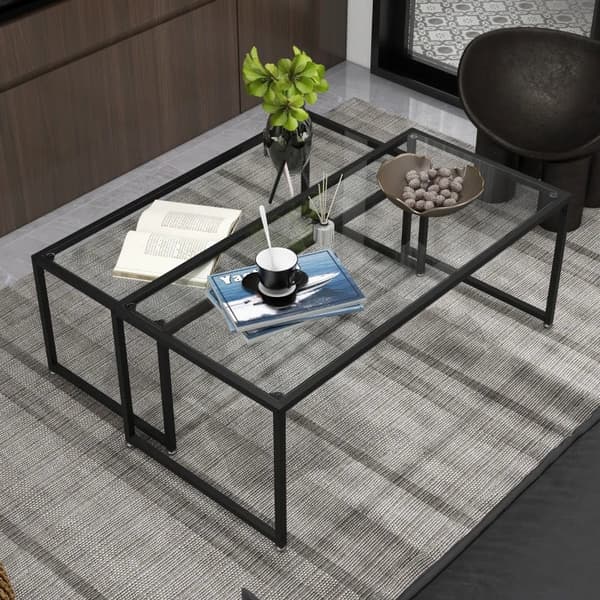 Rootz Soffbord - Glasbord - Två soffbord - Pulverlackerat stål - Rum Livsstilar - Härdat glas - Svart + Transparent - 119L x 56W x 44,5H cm