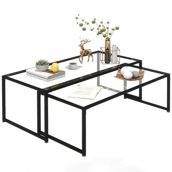 Rootz Soffbord - Glasbord - Två soffbord - Pulverlackerat stål - Rum Livsstilar - Härdat glas - Svart + Transparent - 119L x 56W x 44,5H cm