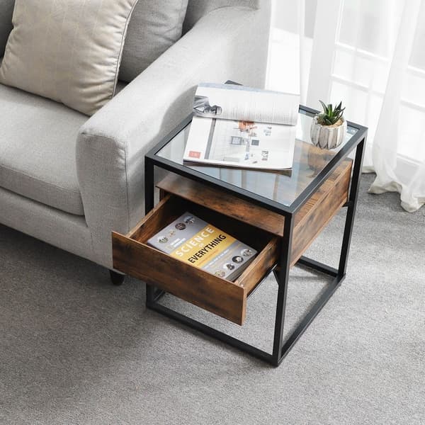 Rootz Sidebord - Industrielt design Sidebord - Lavet af glas - Firkantet Accent Bord - Sengebord - Dekorativt sidestativ - Stue Endebord - Spånplade -