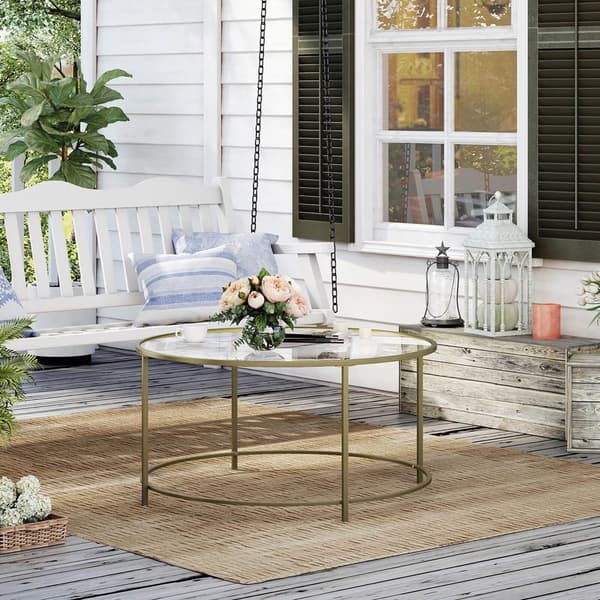 Soffbord Rootz - Runt soffbord med glasyta - Runt sidobord - Sidobord i metallben - Snyggt runt sidobord - Härdat glas - Guld - 84 x 84 x 45,5 cm ((L