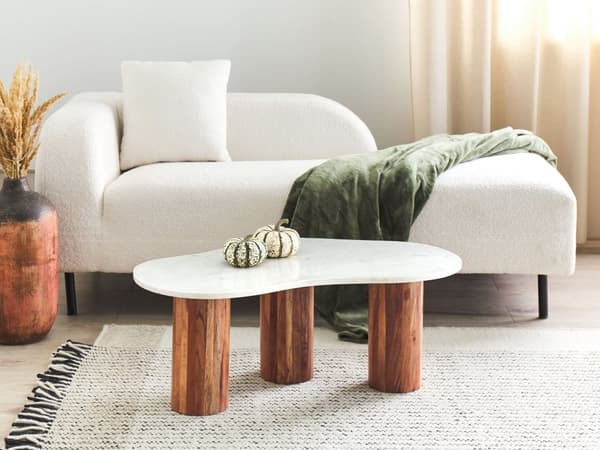 Sofabord Hvid Marmor Ovalt Bord med Søjleben til Sofa Stue Tilbehør Design