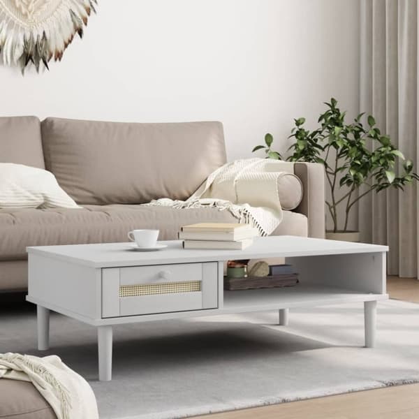 vidaXL sofabord SENJA 100x55x33 cm rattan-look massivt træ hvid