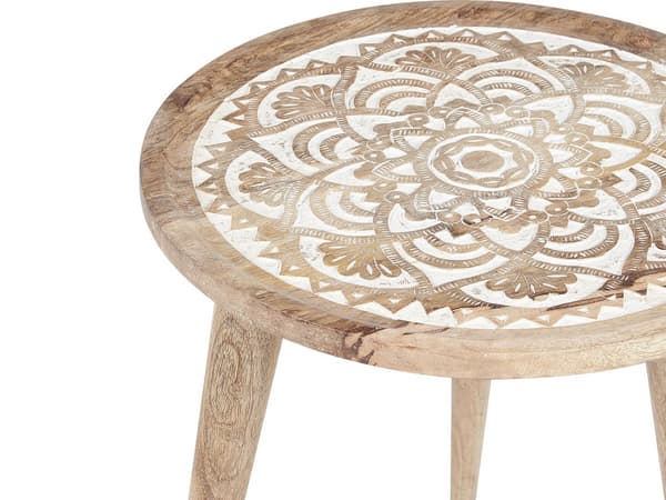 Set med 2 Sidobord Ljust Mangoträ Dekorativt Soff Sidobord Små Vardagsrumsmöbler Orientalisk Design